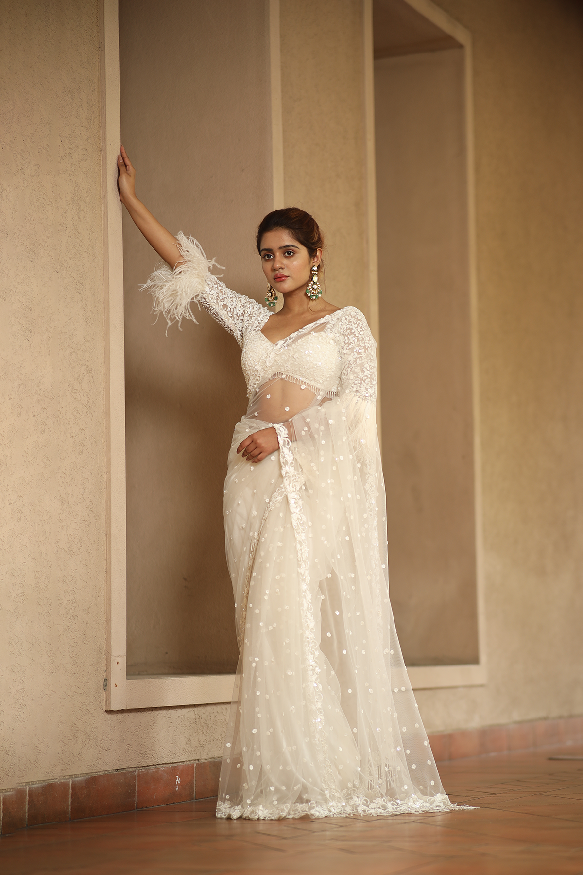 Off-white net embroidered Saree with elbow sleeve embroidered blouse