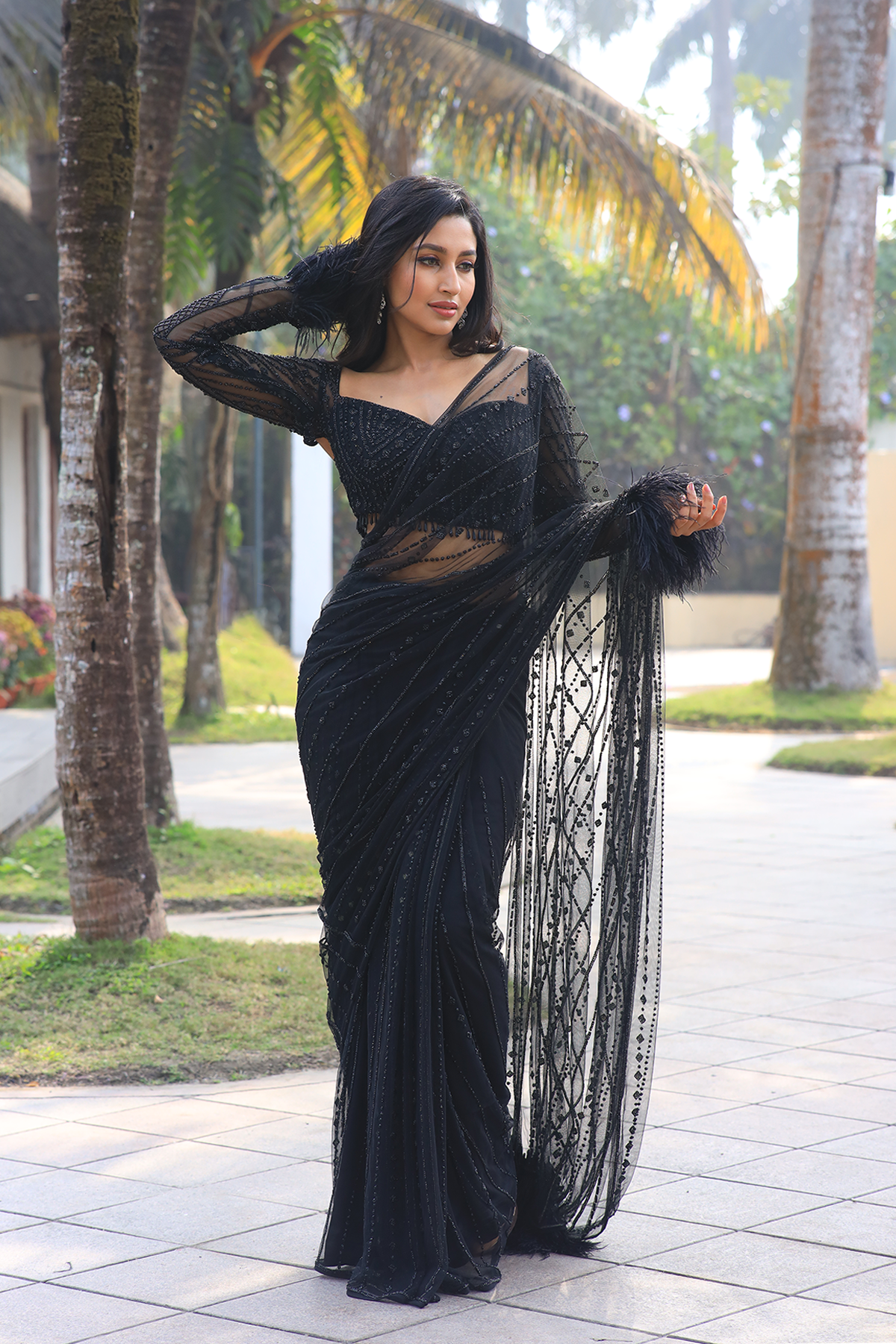 Black net embroidered Saree with full sleeve embroidered blouse