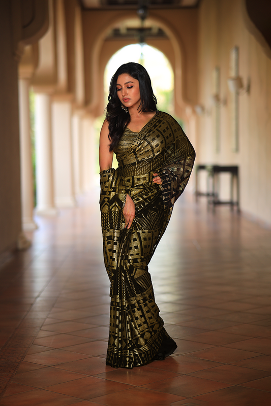 Black georgette embroidered Saree with sleeveless blouse
