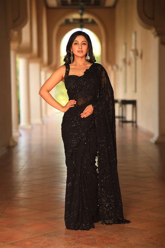Black georgette embroidered Saree with sleeveless blouse