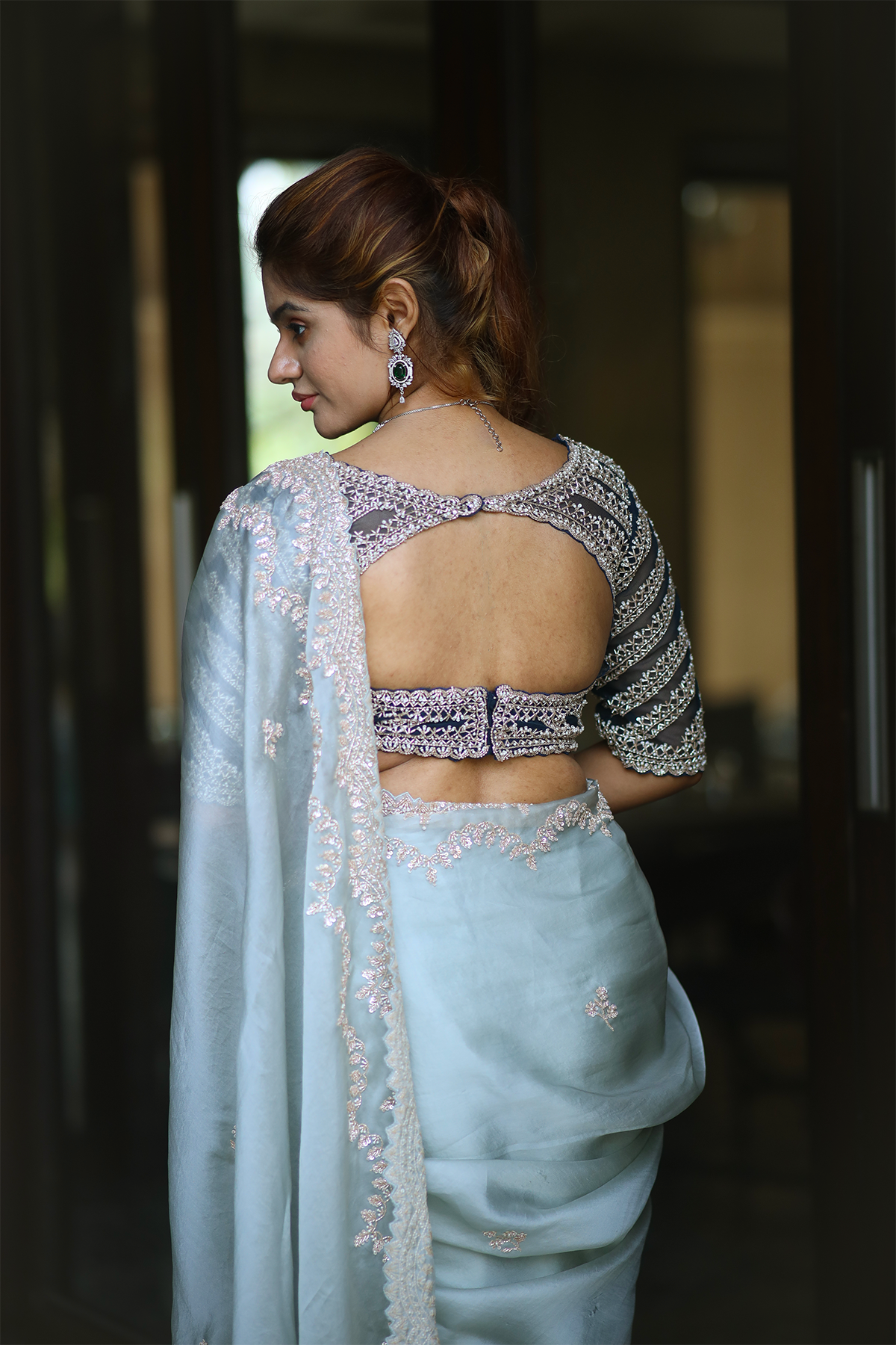 Powder blue silk organza embroidered Saree with elbow sleeve embroidered blouse
