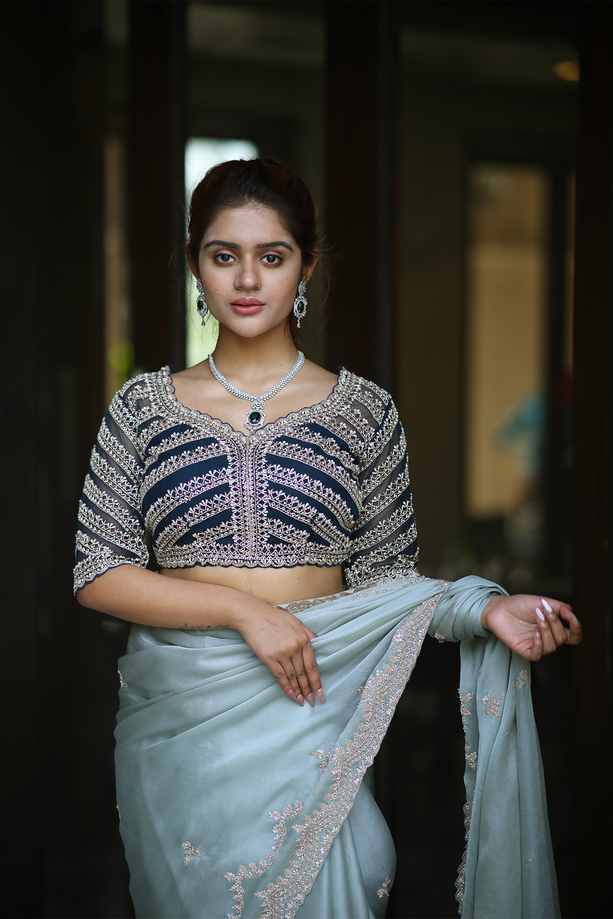 Powder blue silk organza embroidered Saree with elbow sleeve embroidered blouse