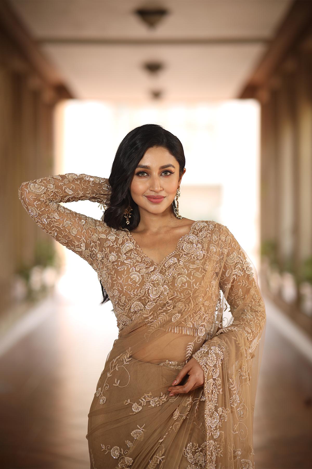 Beige net embroidered Saree with elbow sleeve blouse