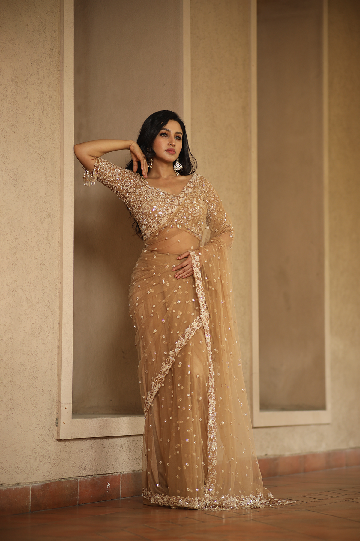 Beige net embroidered Saree with elbow sleeve embroidered blouse