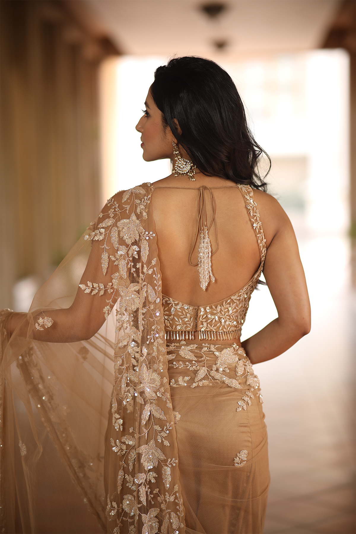 Beige net embroidered Saree with sleeveless embroidered blouse