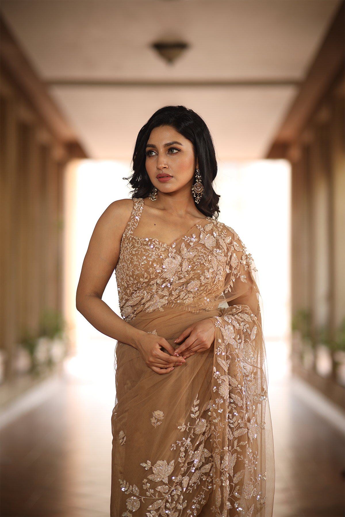Beige net embroidered Saree with sleeveless embroidered blouse