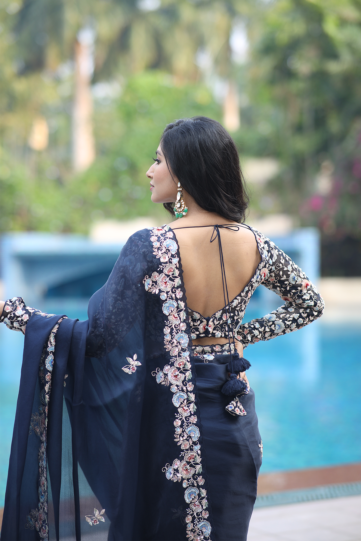 Blue silk organza multi-color embroidered Saree with full sleeve blouse