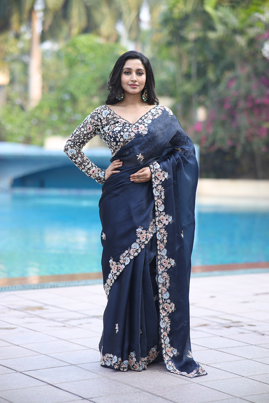 Blue silk organza multi-color embroidered Saree with full sleeve blouse