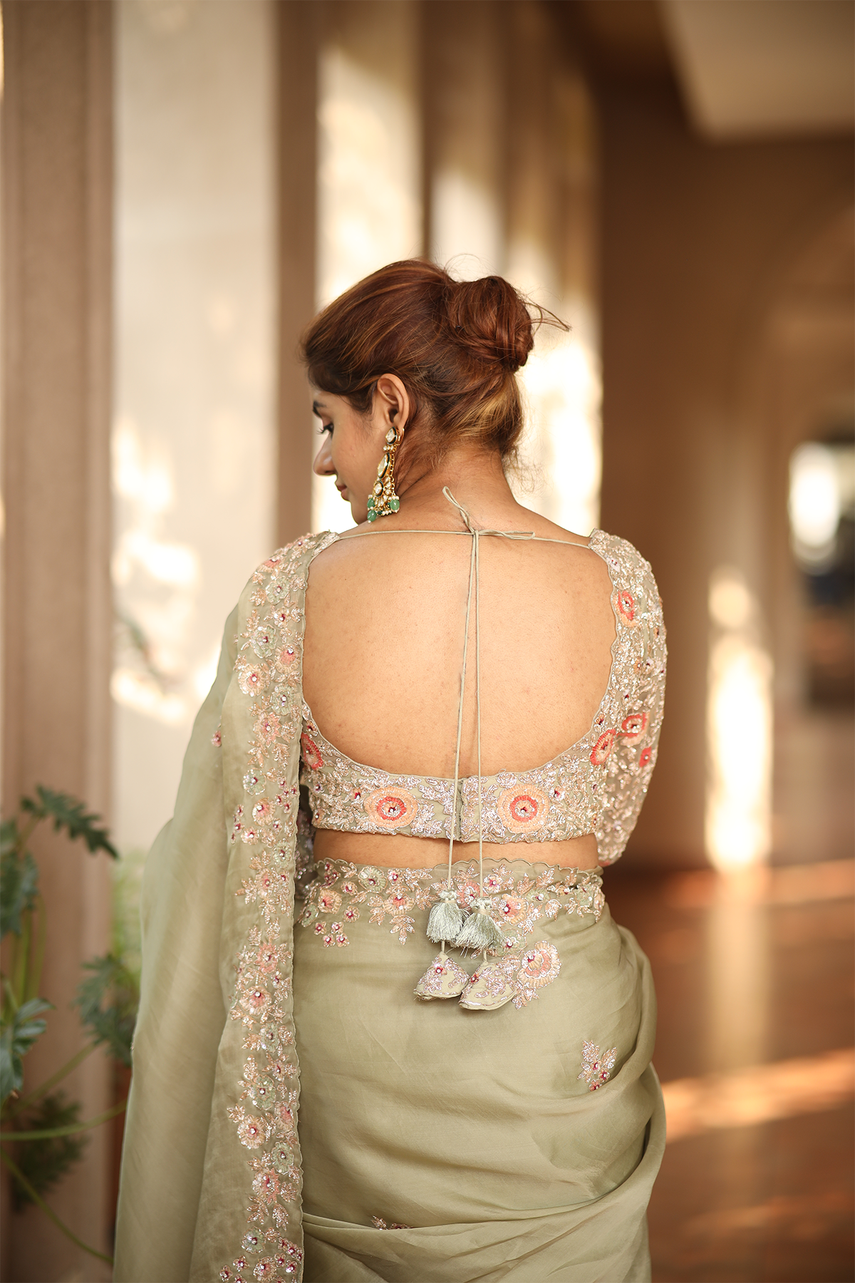 Pista green silk organza embroidered Saree with multi-color full sleeve blouse
