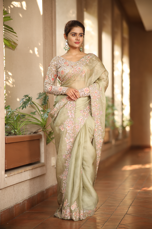 Pista green silk organza embroidered Saree with multi-color full sleeve blouse
