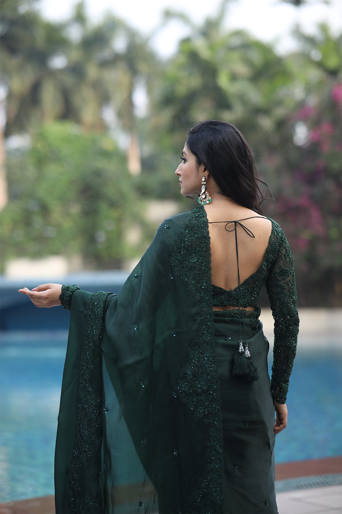 Green silk organza embroidered Saree with full sleeve blouse
