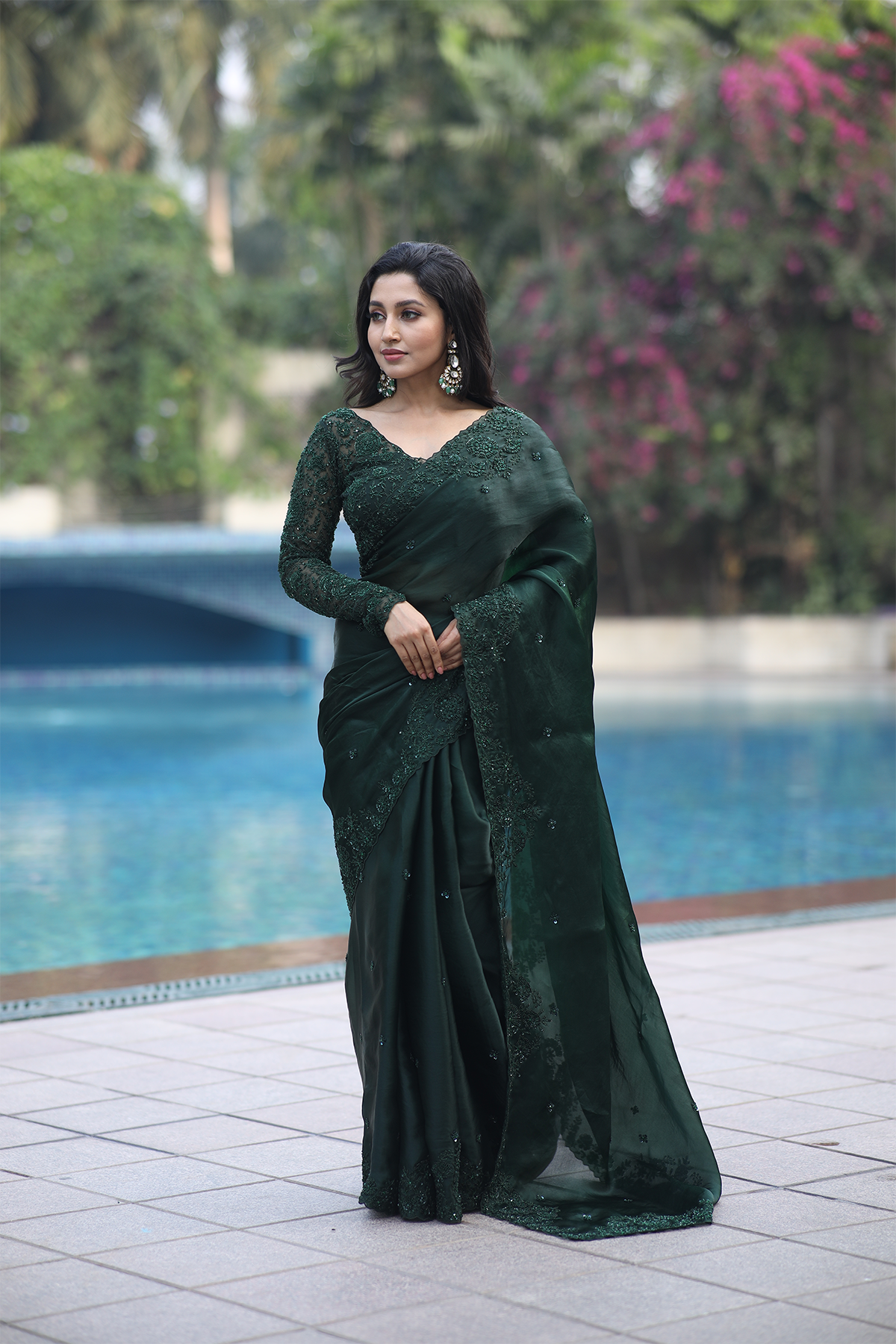 Green silk organza embroidered Saree with full sleeve blouse