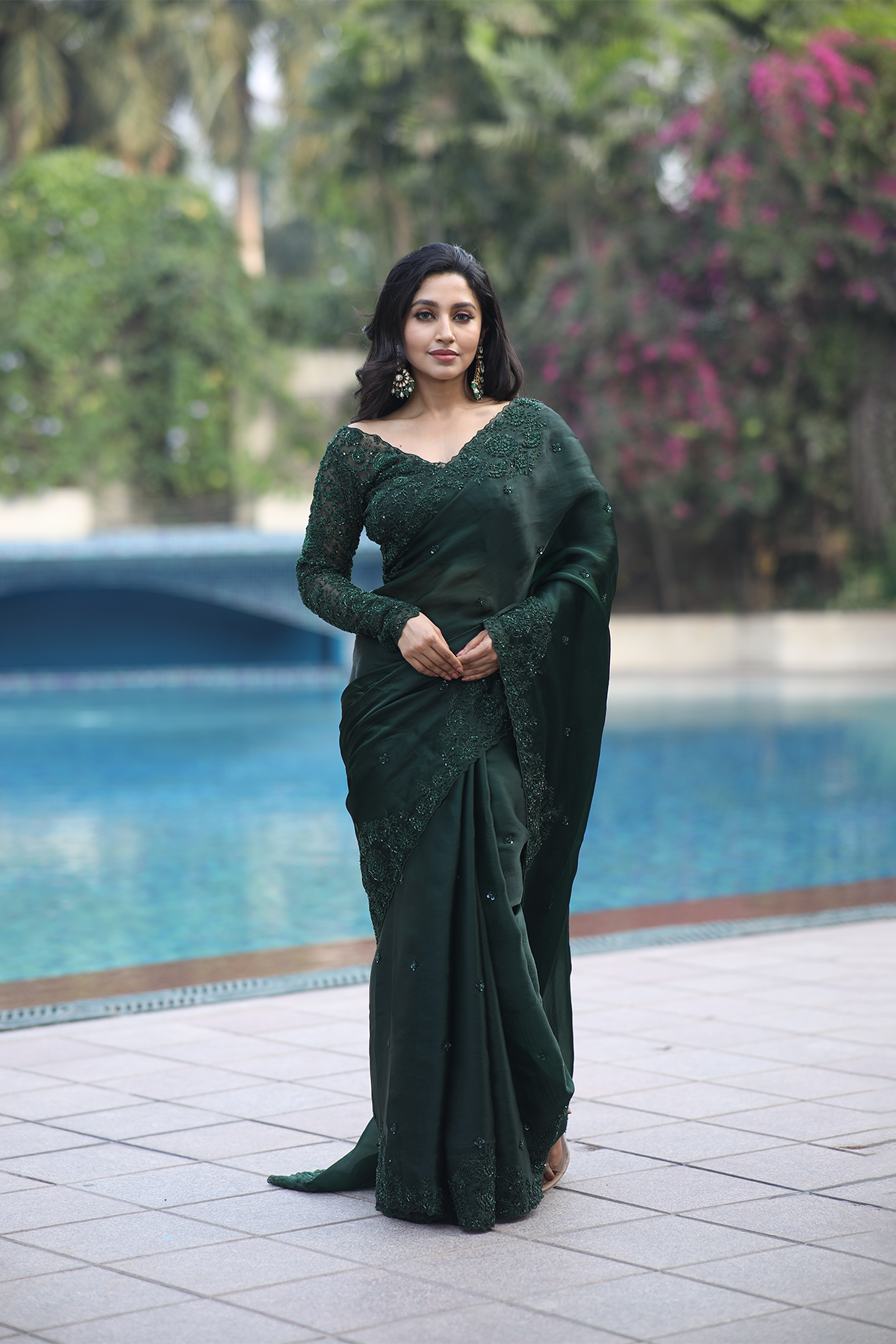Green silk organza embroidered Saree with full sleeve blouse