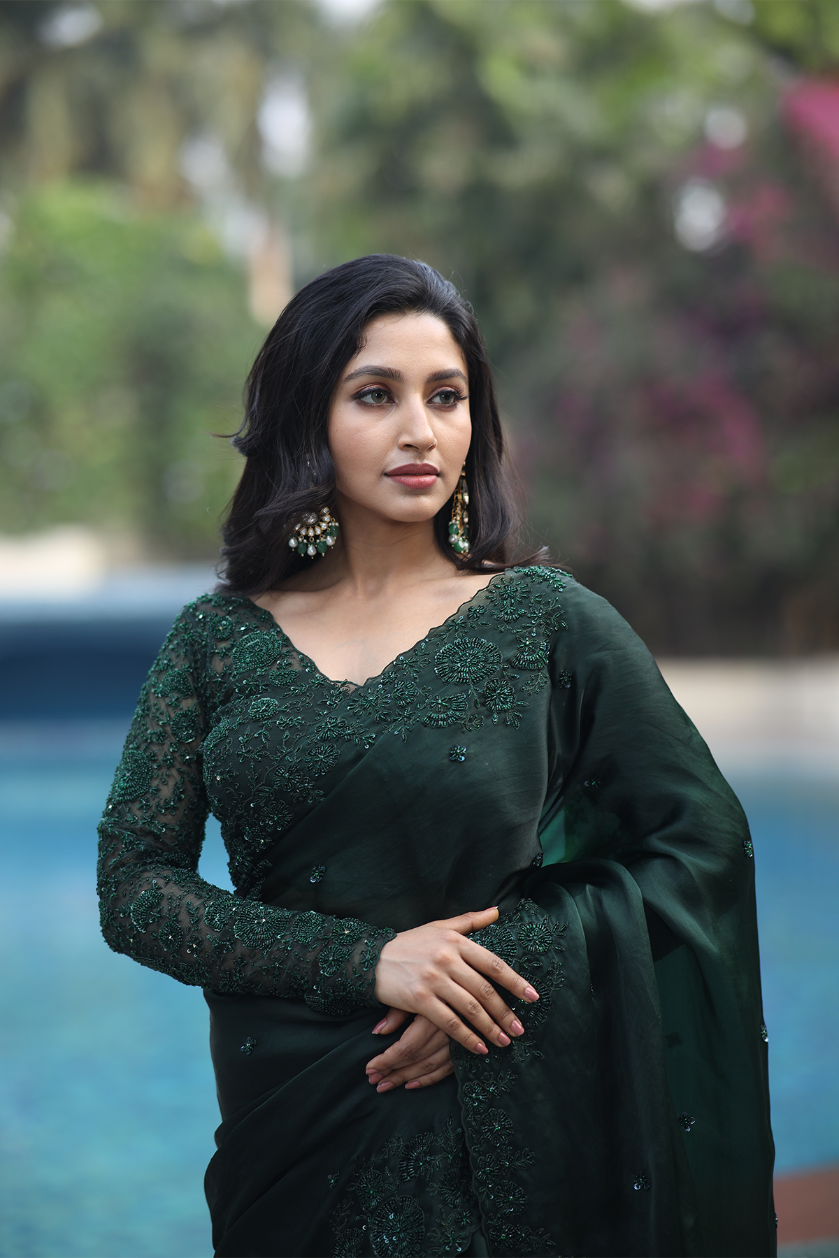 Green silk organza embroidered Saree with full sleeve blouse