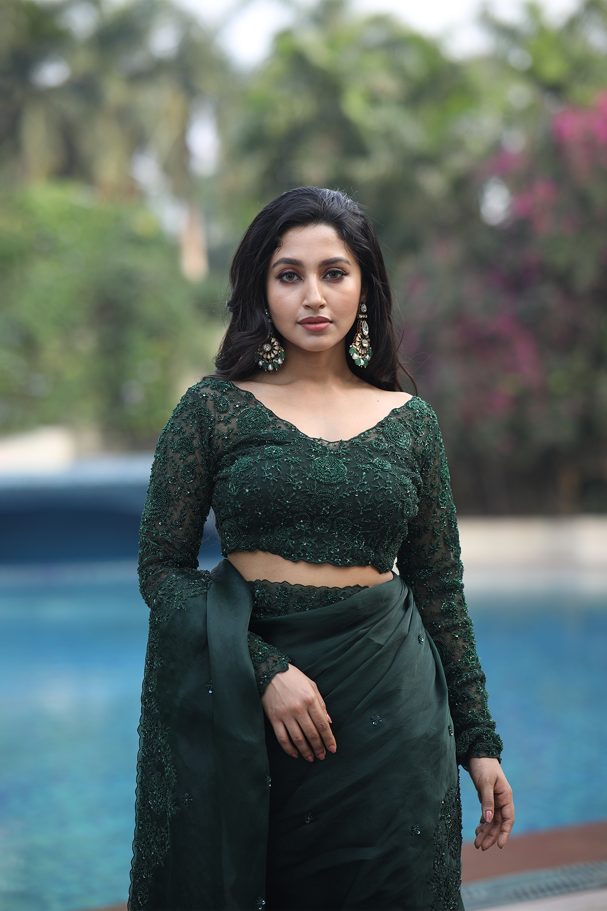 Green silk organza embroidered Saree with full sleeve blouse