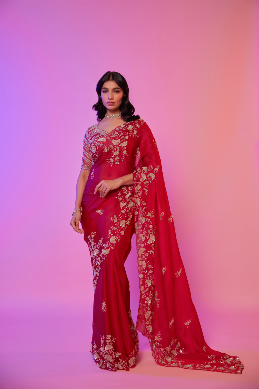 Rani pink silk organza embroidered Saree with elbow sleeve blouse