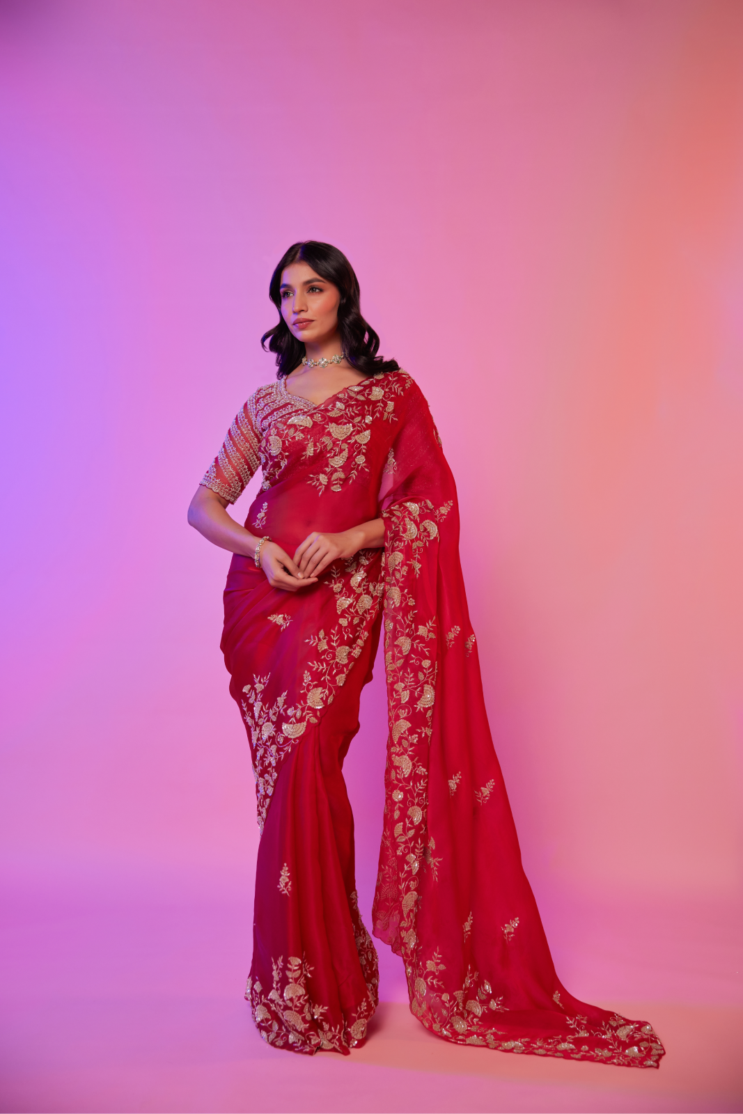 Rani pink silk organza embroidered Saree with elbow sleeve blouse