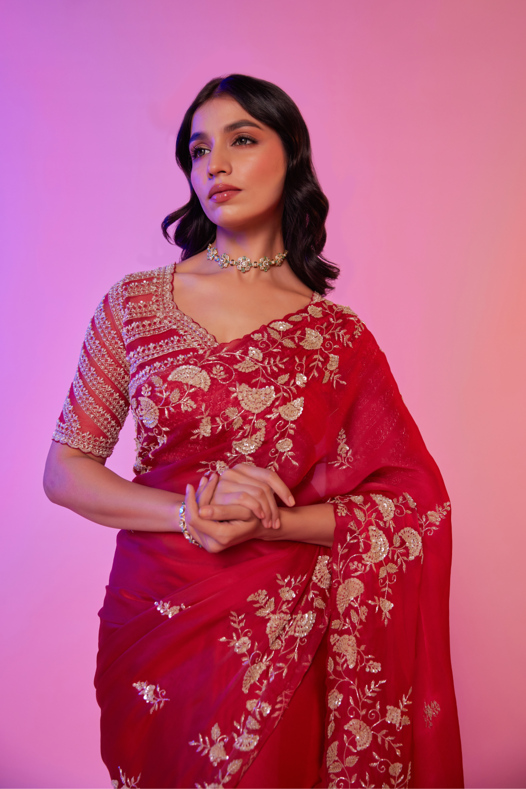 Rani pink silk organza embroidered Saree with elbow sleeve blouse