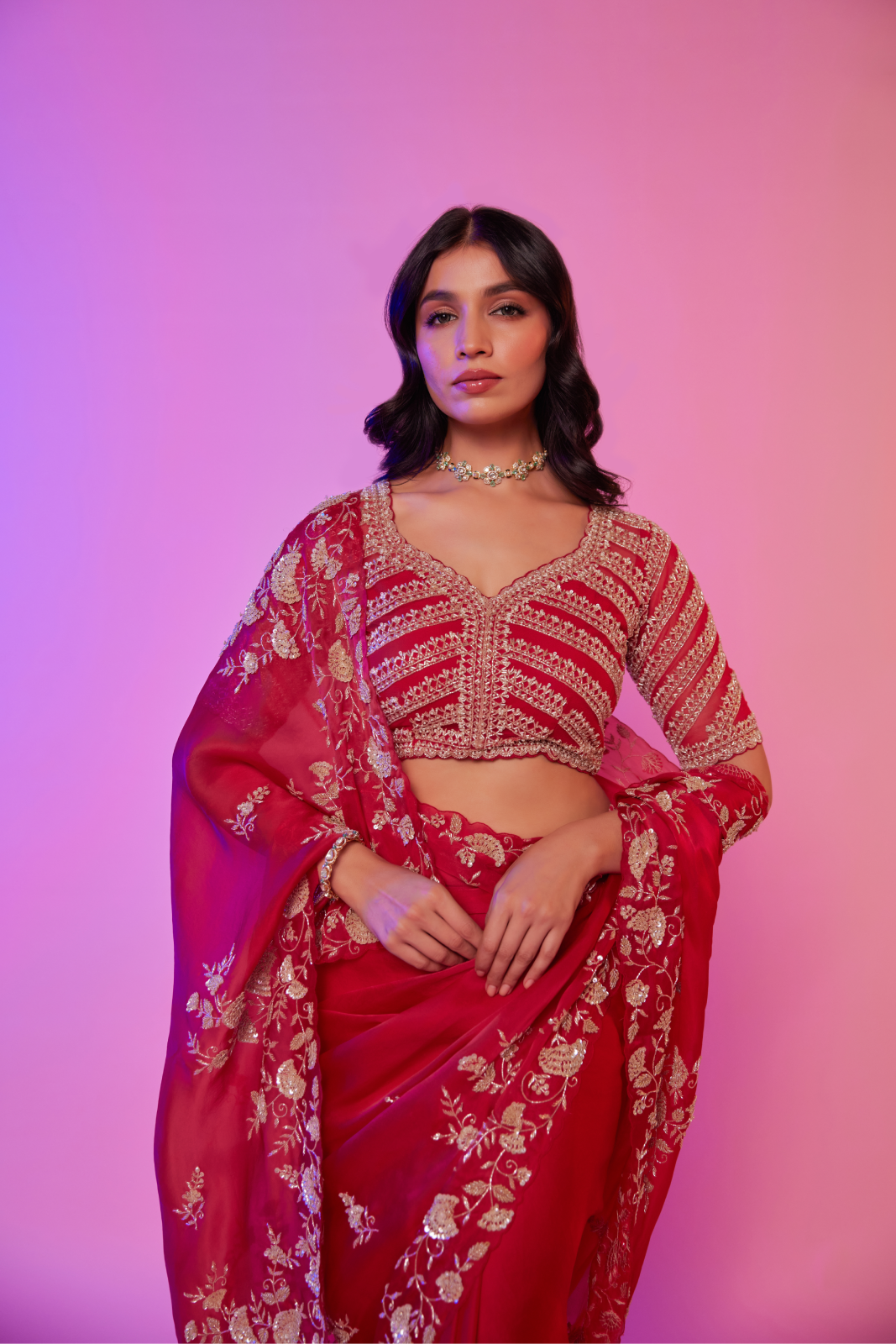 Rani pink silk organza embroidered Saree with elbow sleeve blouse