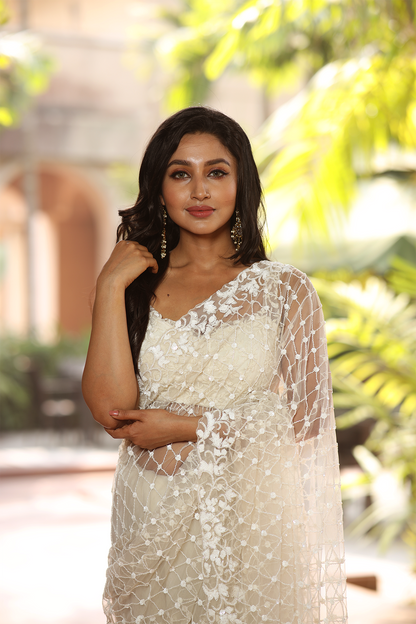 Off-white net embroidered Saree with sleeveless embroidered blouse