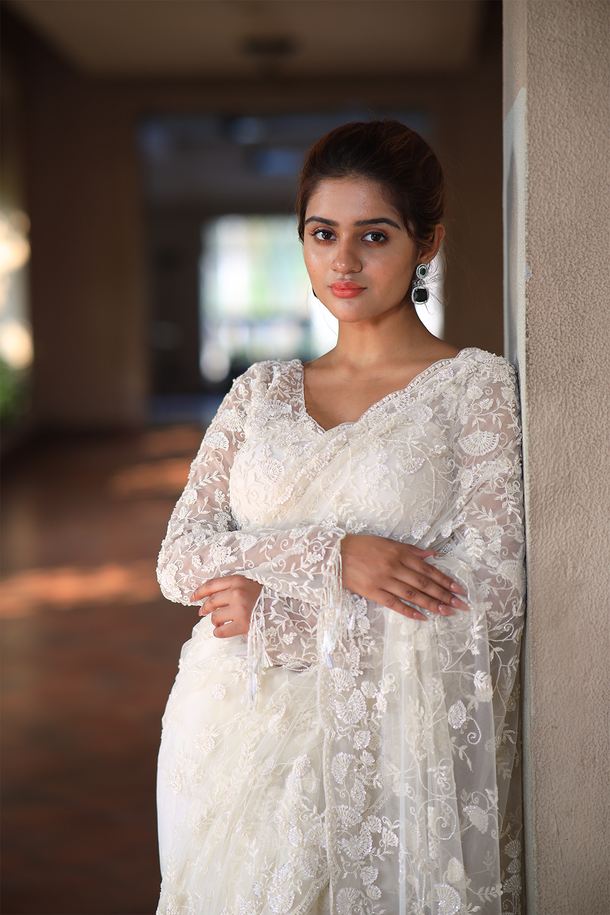 Off-white net embroidered Saree with full sleeve embroidered blouse