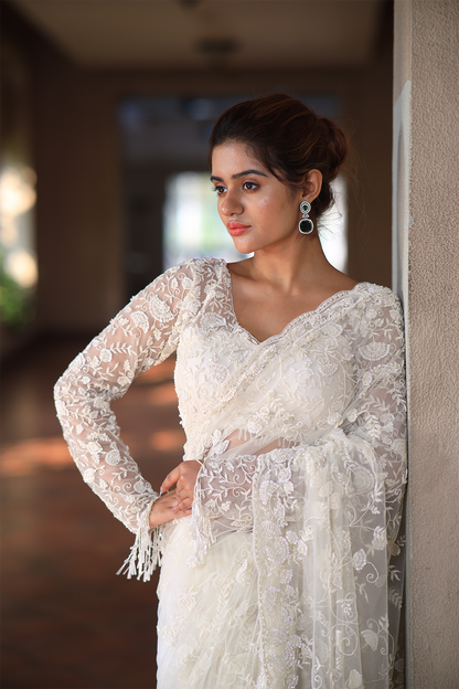 Off-white net embroidered Saree with full sleeve embroidered blouse