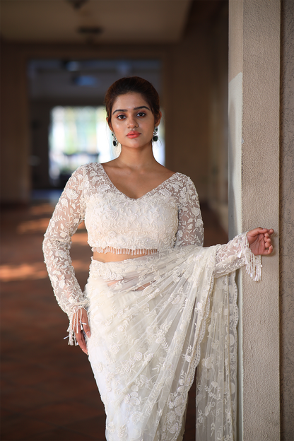 Off-white net embroidered Saree with full sleeve embroidered blouse
