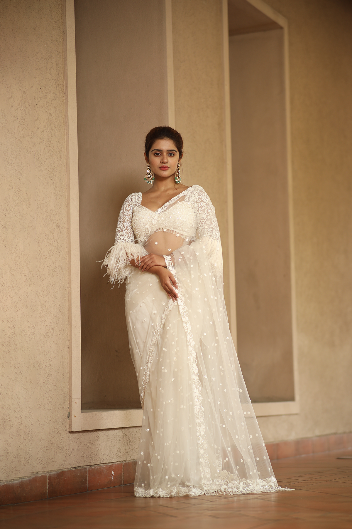 Off-white net embroidered Saree with elbow sleeve embroidered blouse