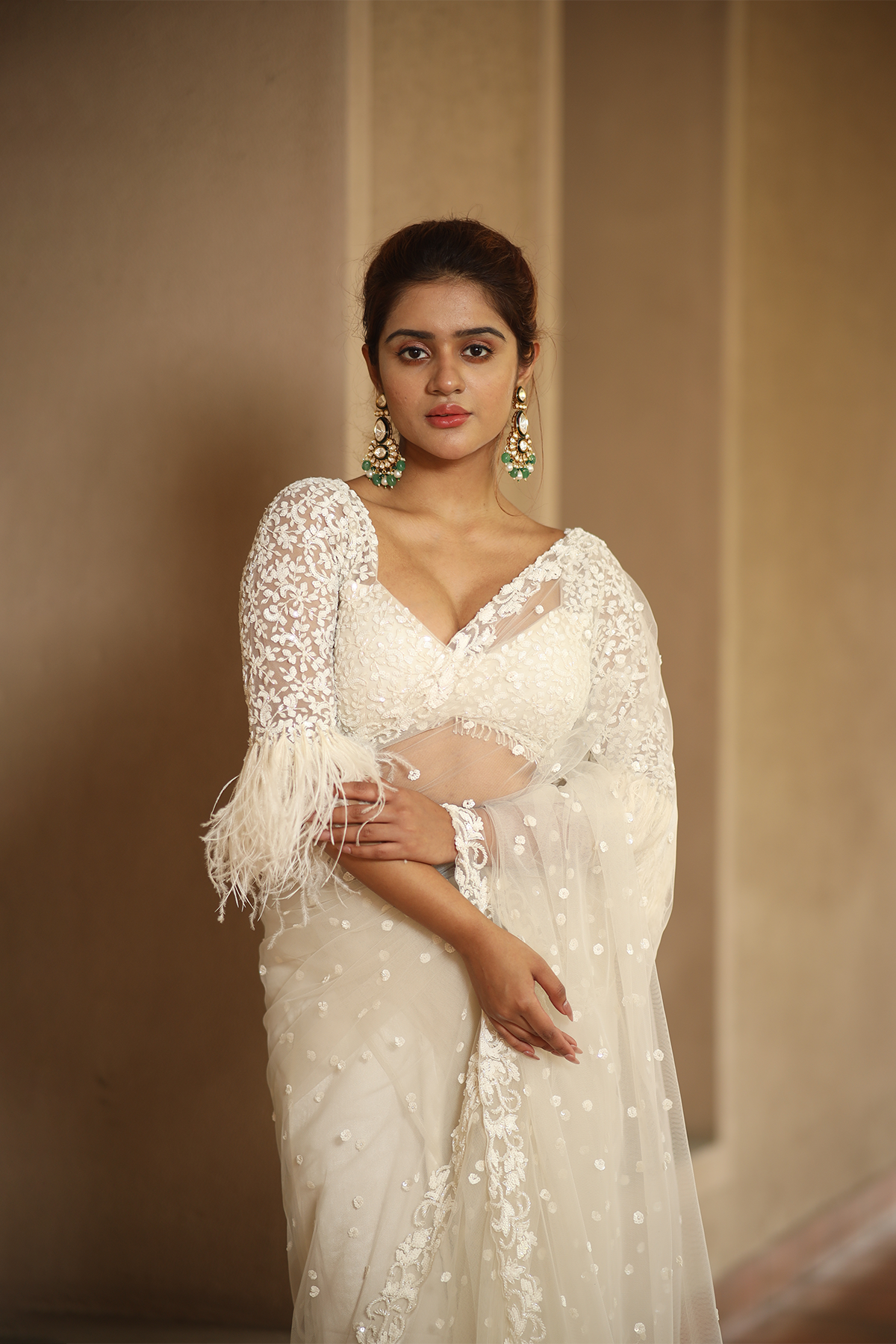 Off-white net embroidered Saree with elbow sleeve embroidered blouse