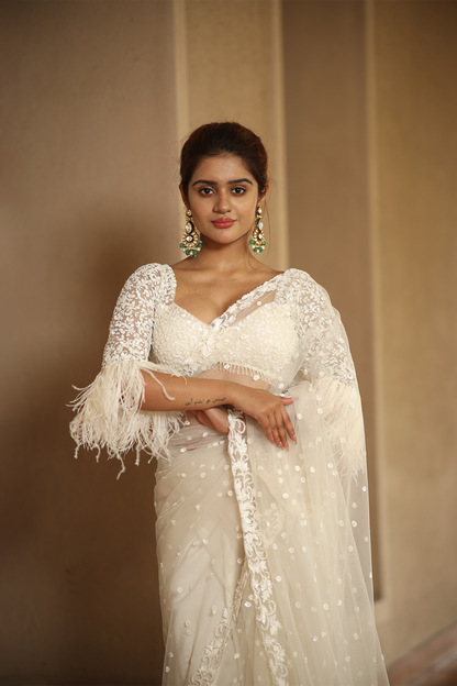 Off-white net embroidered Saree with elbow sleeve embroidered blouse
