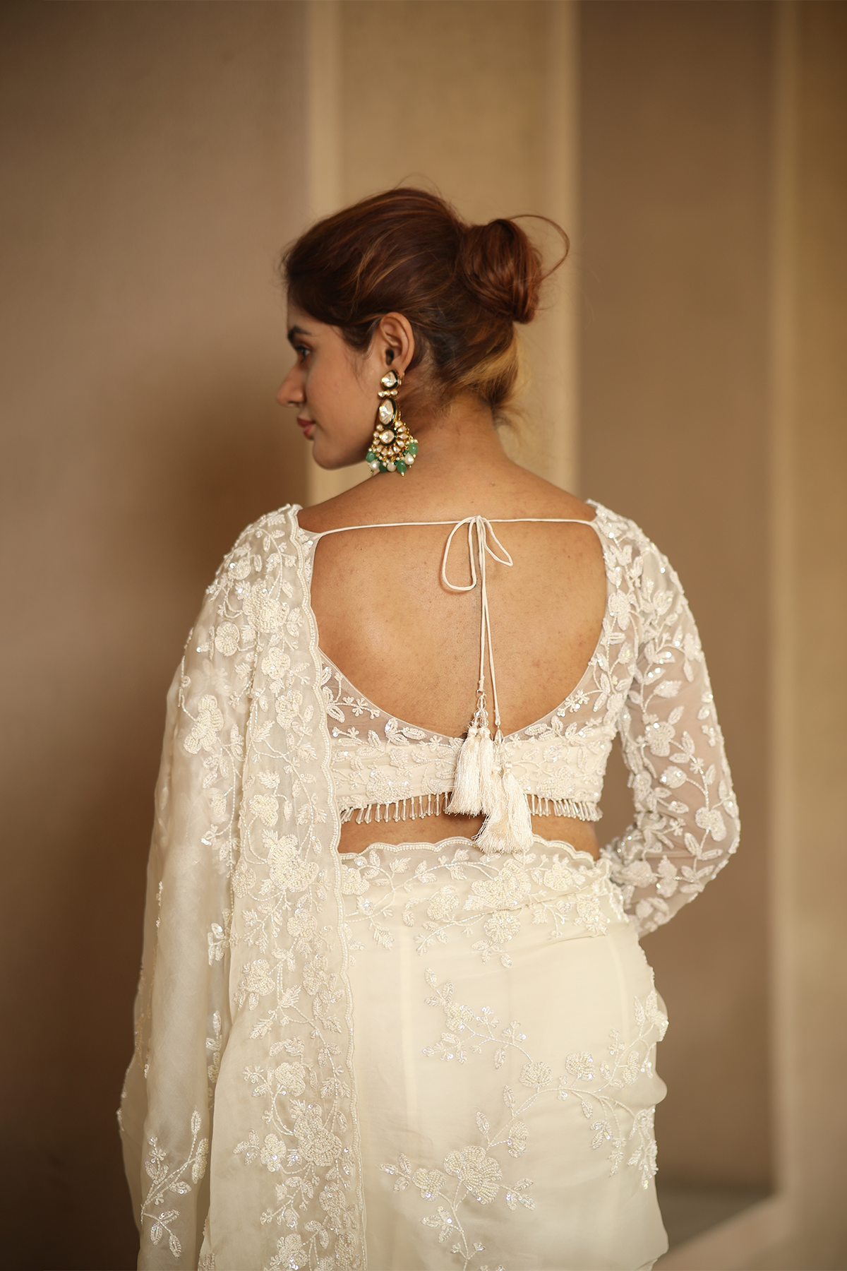Off-white silk organza embroidered Saree with full sleeve embroidered blouse