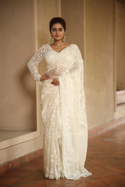 Off-white silk organza embroidered Saree with full sleeve embroidered blouse