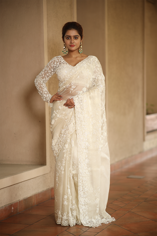 Off-white silk organza embroidered Saree with full sleeve embroidered blouse