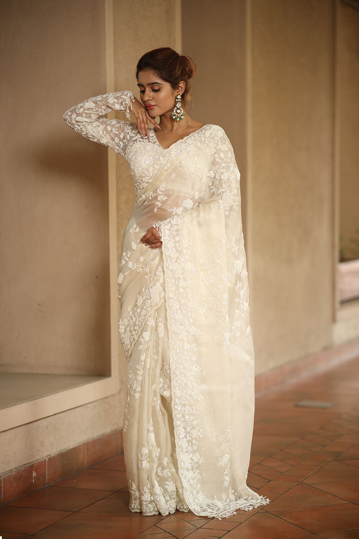 Off-white silk organza embroidered Saree with full sleeve embroidered blouse