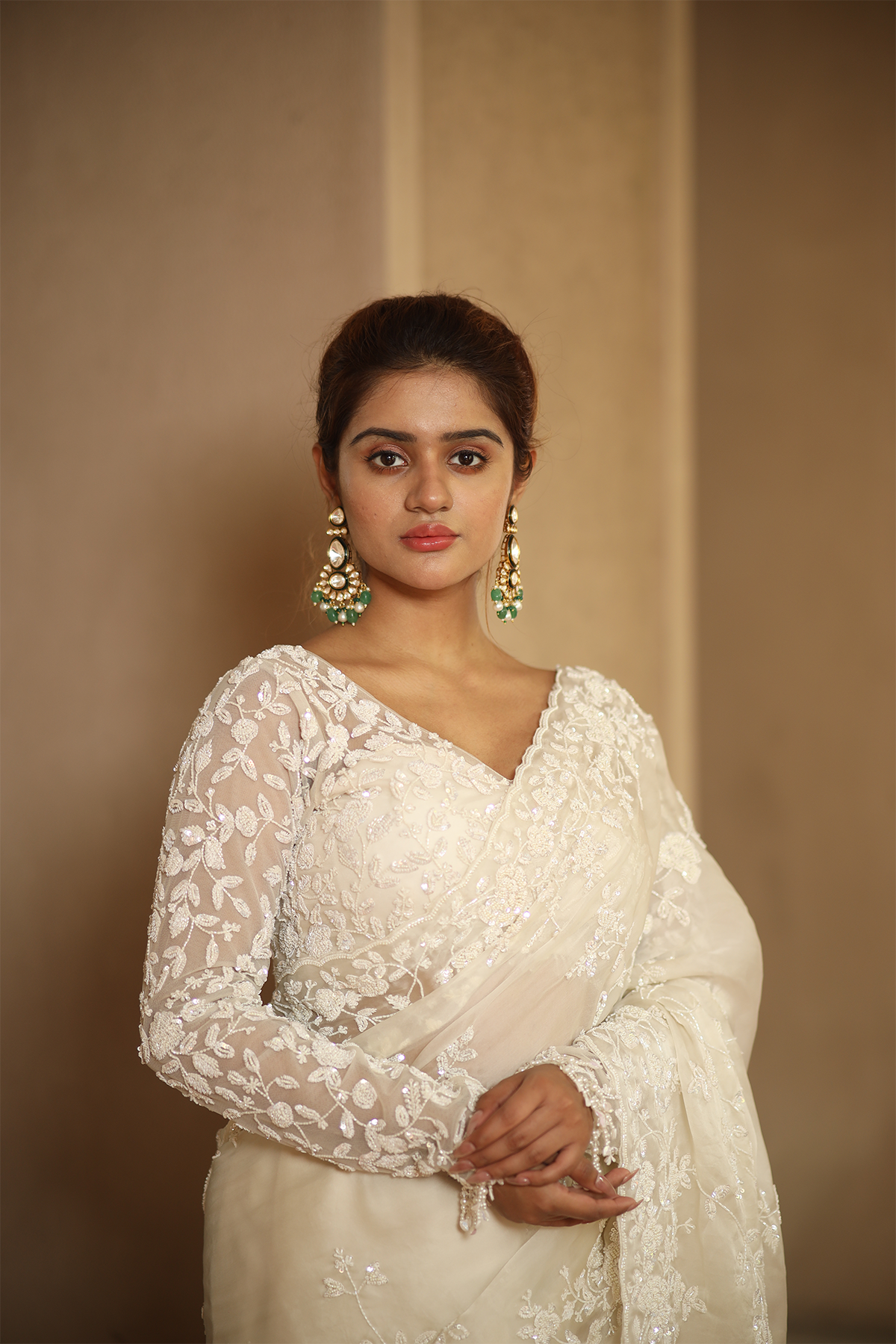 Off-white silk organza embroidered Saree with full sleeve embroidered blouse