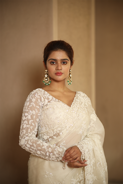 Off-white silk organza embroidered Saree with full sleeve embroidered blouse