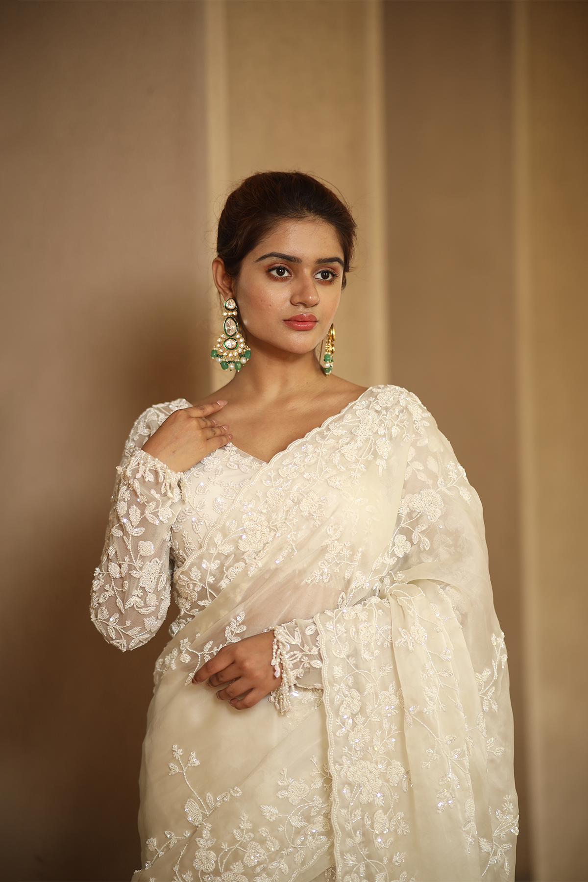 Off-white silk organza embroidered Saree with full sleeve embroidered blouse