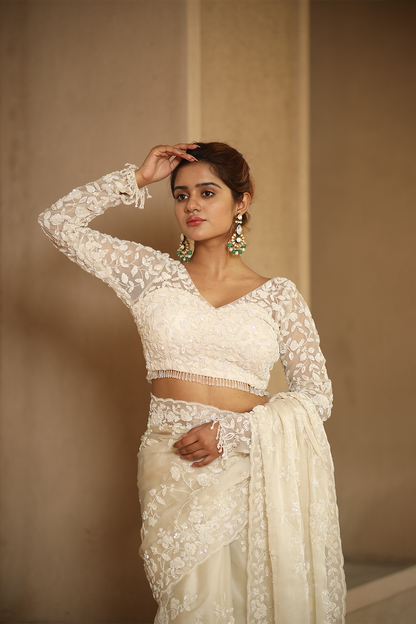 Off-white silk organza embroidered Saree with full sleeve embroidered blouse
