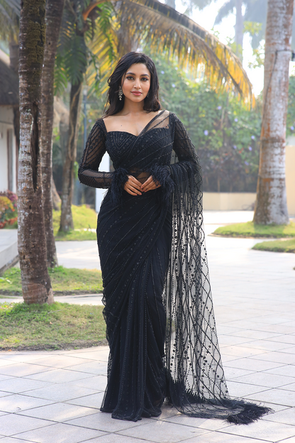 Black net embroidered Saree with full sleeve embroidered blouse