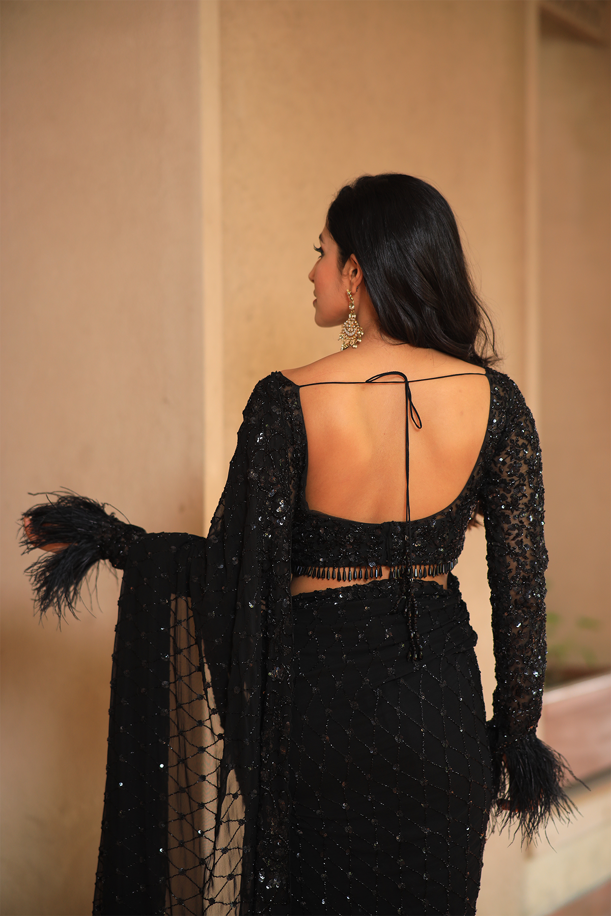 Black georgette embroidered Saree with full sleeve blouse
