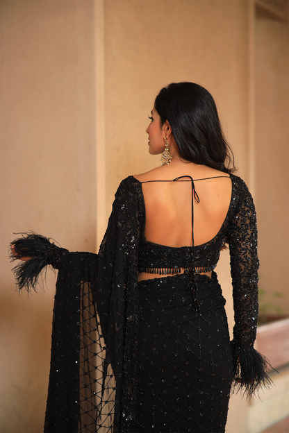 Black georgette embroidered Saree with full sleeve blouse