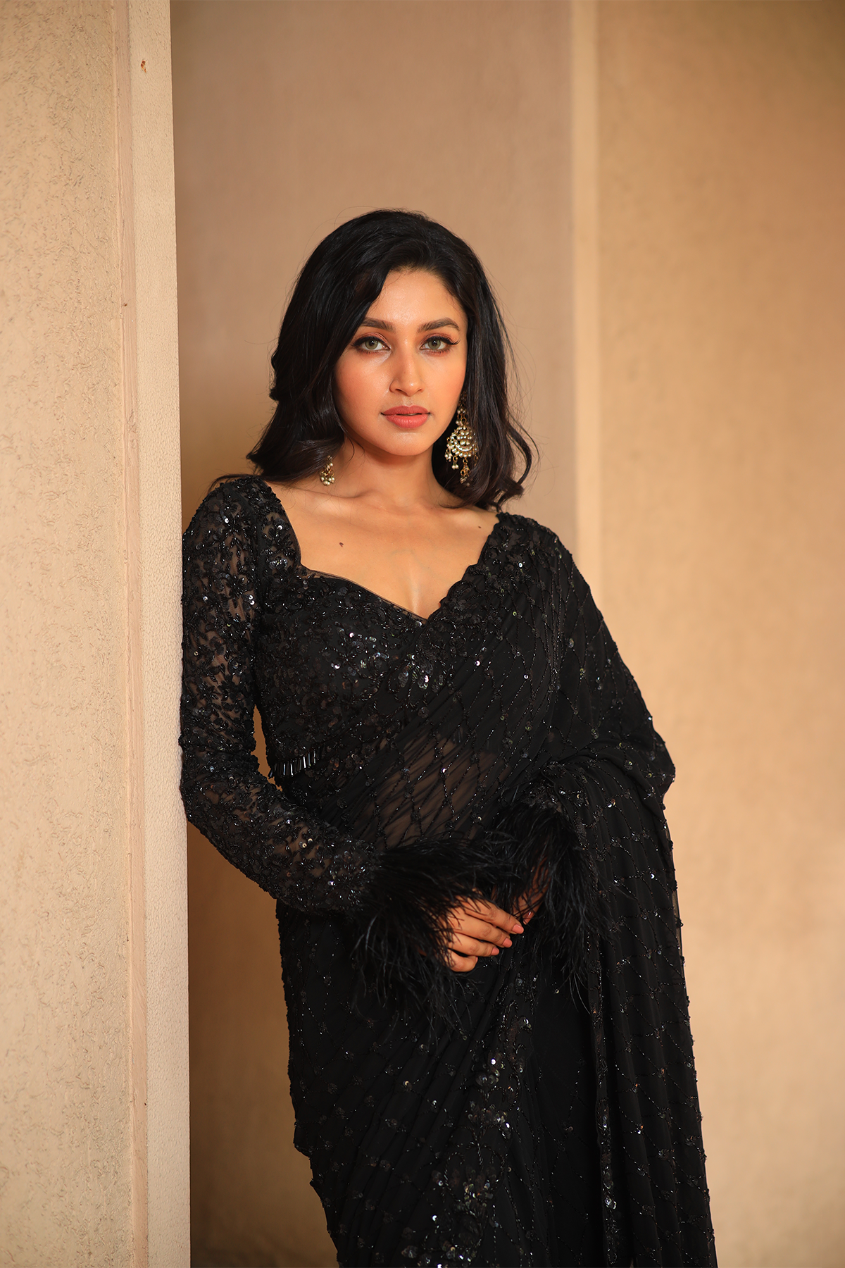 Black georgette embroidered Saree with full sleeve blouse