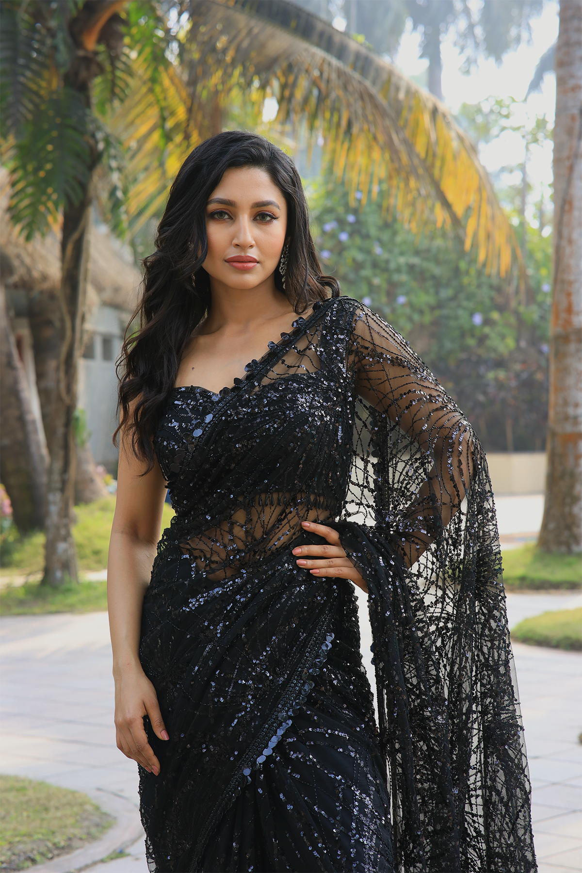 Black net embroidered Saree with sleeveless embroidered blouse