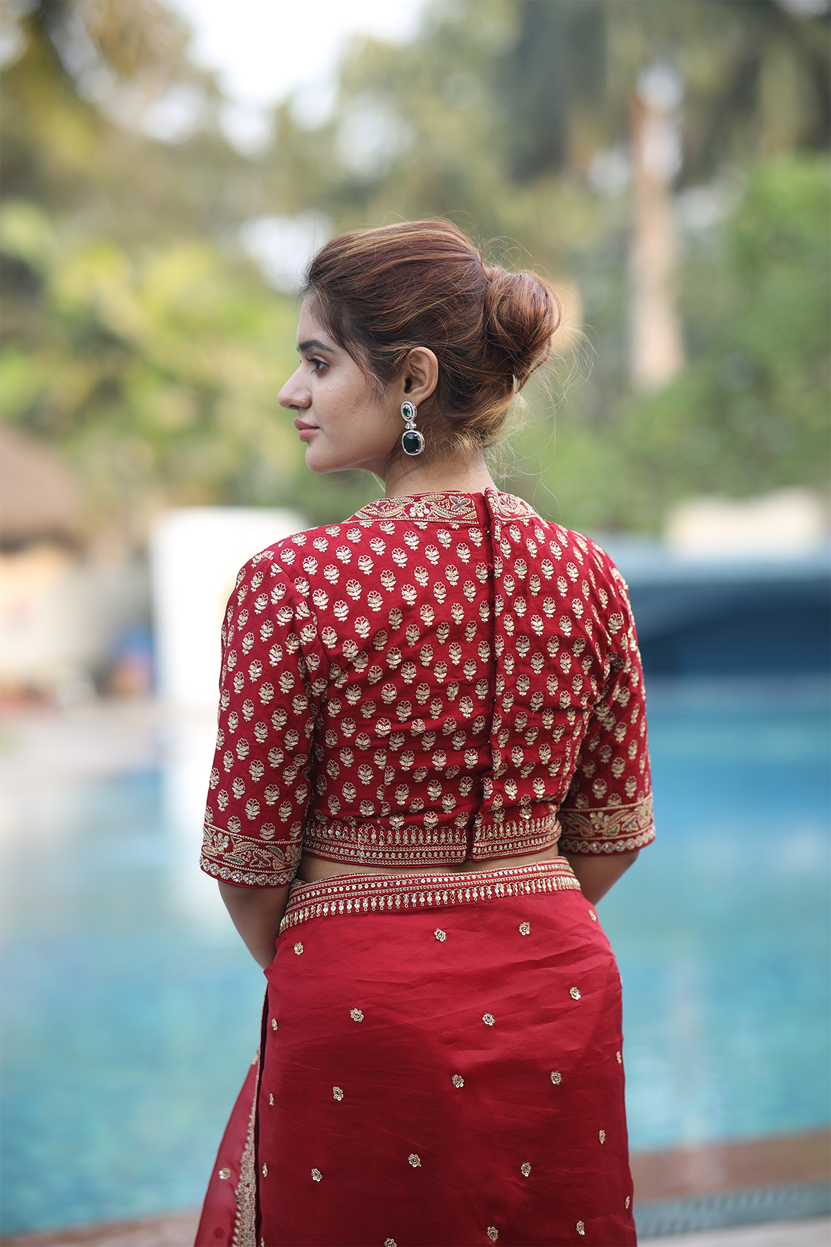 Red silk organza embroidered Saree with elbow sleeve blouse