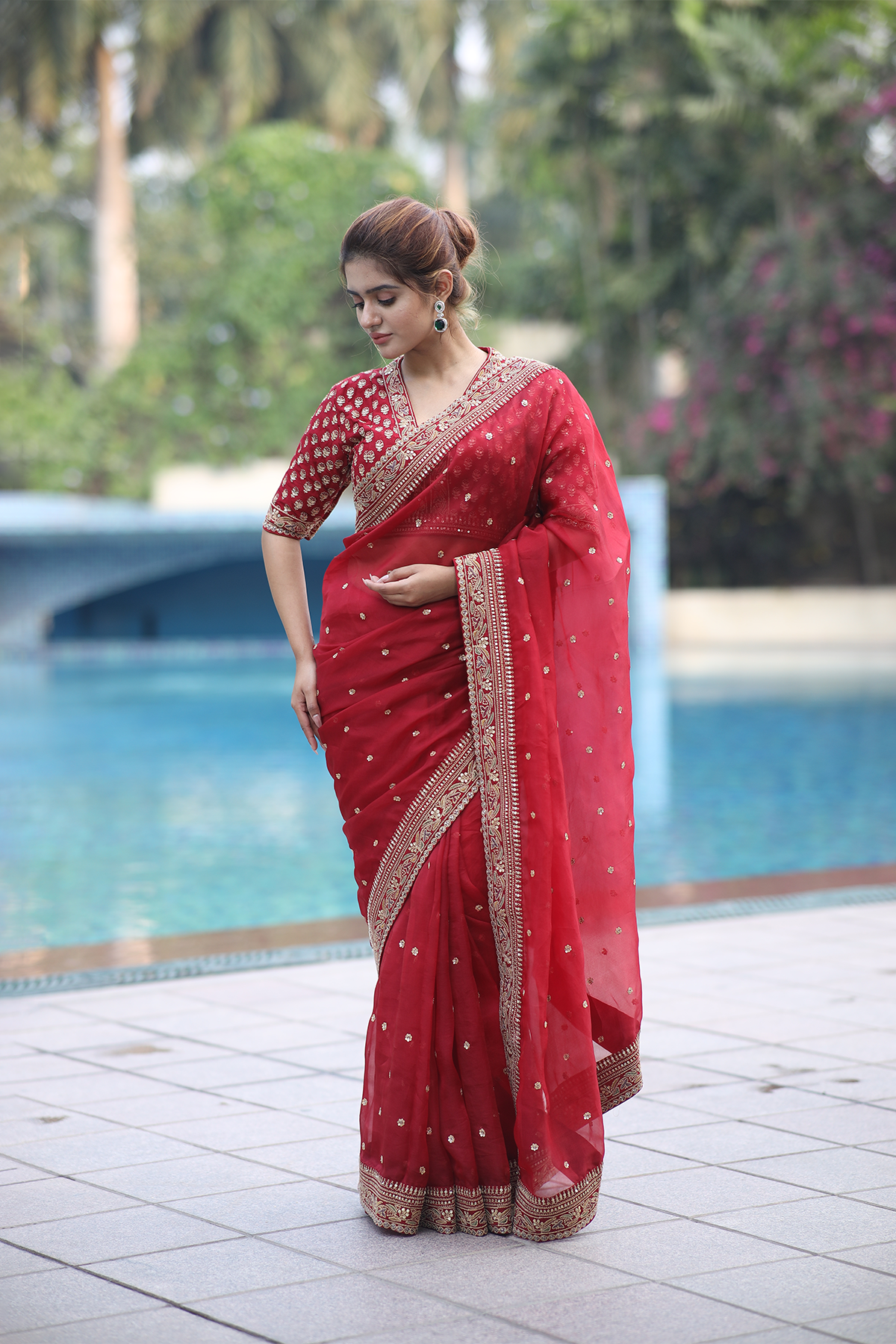 Red silk organza embroidered Saree with elbow sleeve blouse
