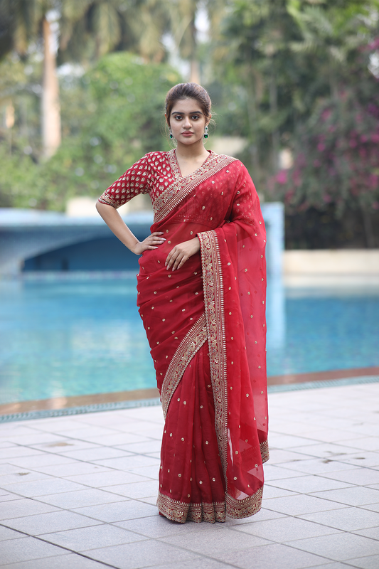 Red silk organza embroidered Saree with elbow sleeve blouse