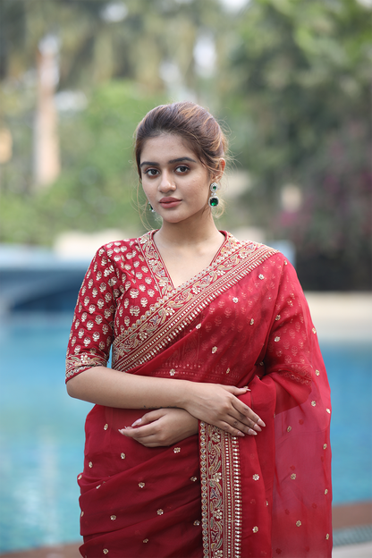 Red silk organza embroidered Saree with elbow sleeve blouse