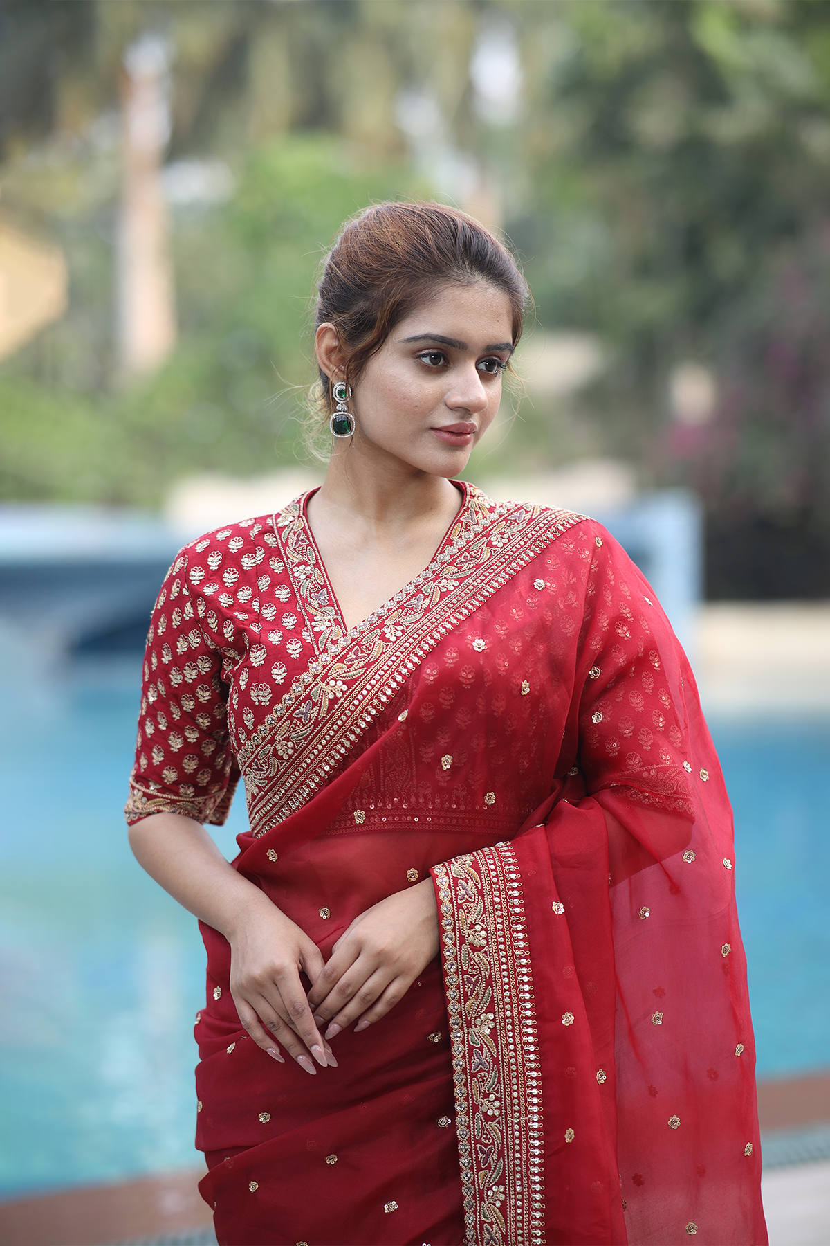 Red silk organza embroidered Saree with elbow sleeve blouse