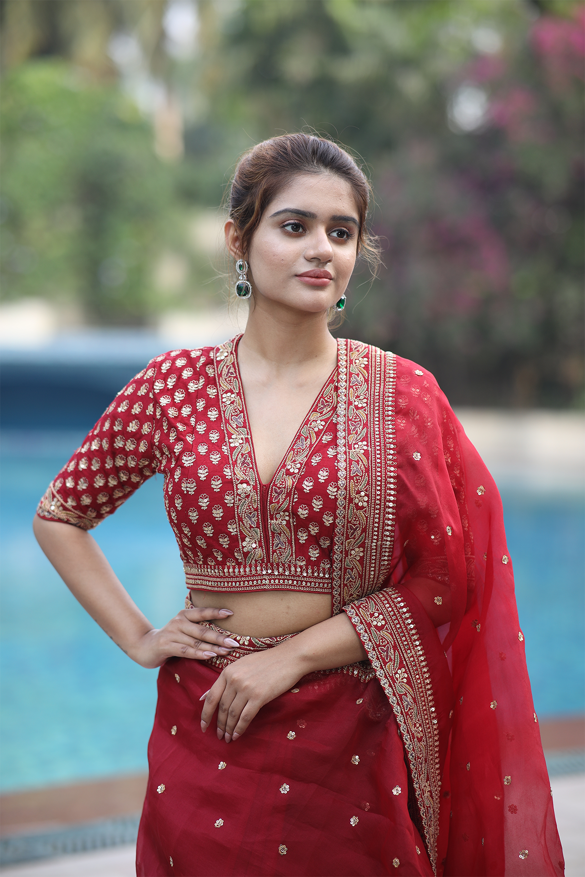 Red silk organza embroidered Saree with elbow sleeve blouse