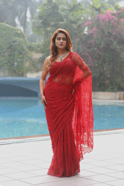 Red net floral applique embroidered Saree with sleeveless blouse